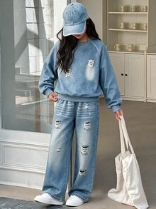 Tween Girls Ripped 2 Pieces Set, Crew Neck Raglan Crop Sweatshirt & Elastic Waist WideLeg DenimLook Pants, Casual Daily Matching Outfit - Blue - View 3
