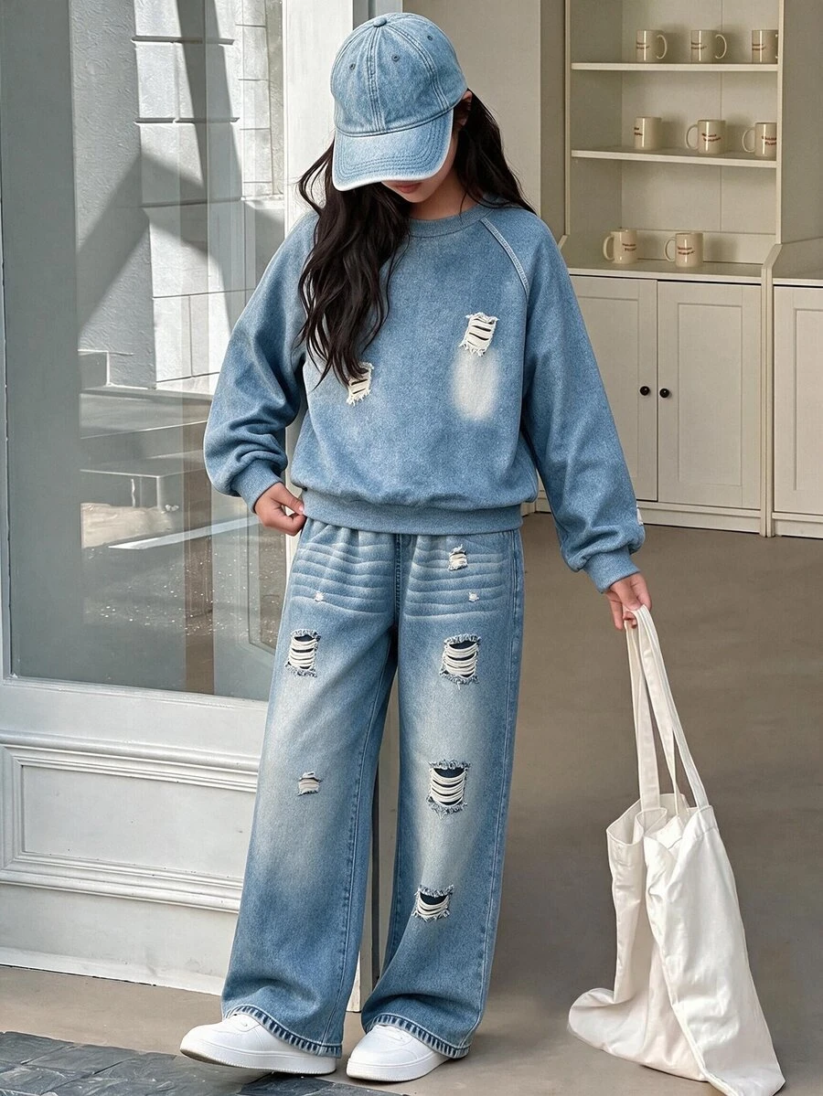 Tween Girls Ripped 2 Pieces Set, Crew Neck Raglan Crop Sweatshirt & Elastic Waist WideLeg DenimLook Pants, Casual Daily Matching Outfit - Blue - View 1