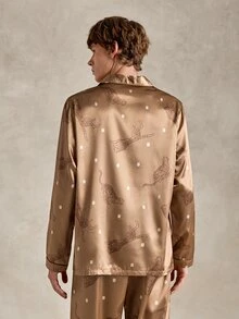 EverLounge Atasan Pria Berkerah Satin dengan Saku, Bukaan Depan, Motif Leopard dengan Saturasi Rendah, Pakaian Santai - Coklat - View 2