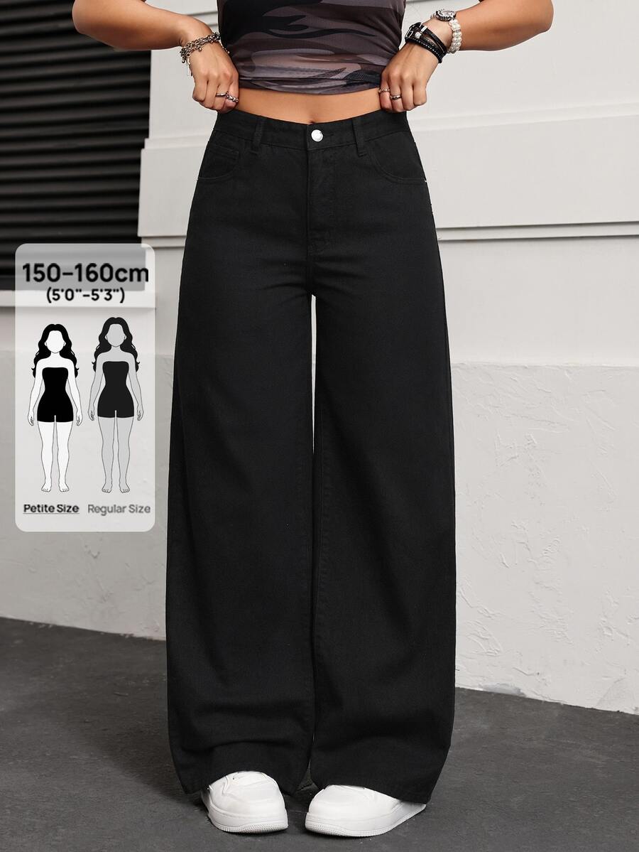 Jeanoix Petite Women's Casual Versatile Wide Leg Denim Jeans - Black - View 1