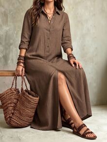 SHEIN LUNE CURVE Plus Size Solid Color Casual Lapel Front Slit Design Long Comfortable Linen Dress - Brown - View 7