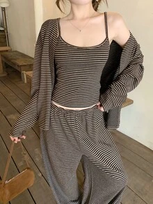 DAZY Women's Striped Long Sleeve Cardigan, Camisole And Pants Casual Set - Brown - View 3