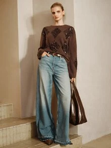 Arave Sweater Rajut Wanita Longgar Motif Argyle dengan Bordir Payet, Kasual Sehari-hari, Warna Polos, Serbaguna, Ukuran Besar, Leher Bulat, Lengan Panjang, Pullover - Coffee Brown - View 3