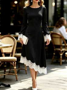 SHEIN Women's Contrast Lace Round Neck Long Sleeve Elegant Asymmetric Hem Dress - Black - View 5