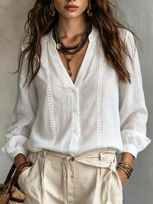 SHEIN Women's French Style Versatile Single-Breasted Long Sleeve Shirt - White - View 1