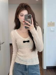 DAZY Atmospheric Bow Deep V-Neck Long Sleeve Knit Top, Sexy Style Soft Fluffy Top For Women Fall - Apricot - View 6