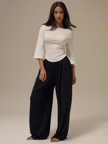 MUSERA ESSENTIALS White Fine Ribbed Knit Boat Neckline Curved Dip Hem Three Quarter Flare Sleeve Slim Fitted Top Basics Loungewear Casual Everyday Essentials - White - View 2