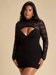 SHEIN BAE CURVE Plus Size Women's Black Lace Patchwork Short Dress,Halloween Elegant Black Lace Long Sleeve Backless Dress, Autumn Lace Black Dress, Sexy Black Dress - Black - View 6