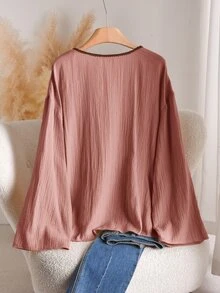 CosyJoli Plus Size Autumn Casual Lace-Up Shirt - Pink - View 2