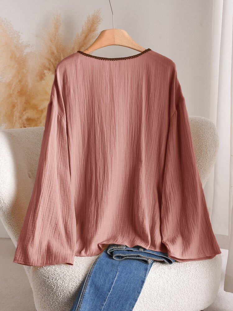 CosyJoli Plus Size Autumn Casual Lace-Up Shirt - Pink - View 2