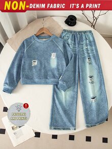 Tween Girls Ripped 2 Pieces Set, Crew Neck Raglan Crop Sweatshirt & Elastic Waist WideLeg DenimLook Pants, Casual Daily Matching Outfit - Blue - View 7