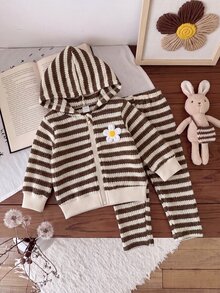 SHEIN Playful Pals 2件組 幼兒女嬰外套+長褲套裝 可愛甜美咖啡白條紋雛菊花卉 長袖連帽休閒秋季運動套裝 - 摩卡棕 - 查看 3