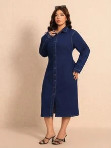 Elaquor Plus Size Women's Long Sleeve Single-Breasted Casual Denim Dress - Blue - View 4
