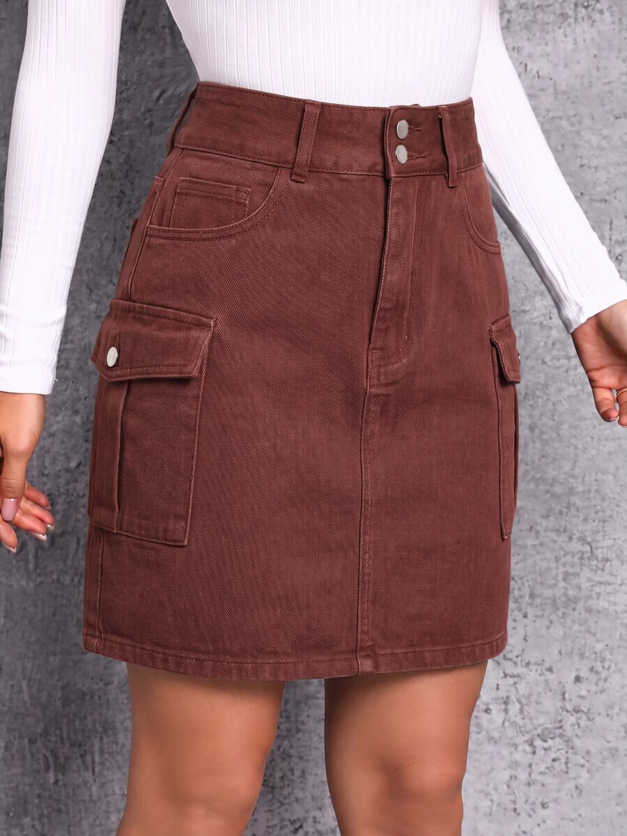SHEIN Essnce 休閒水洗牛仔工裝裙 - 咖啡棕 - 查看 1