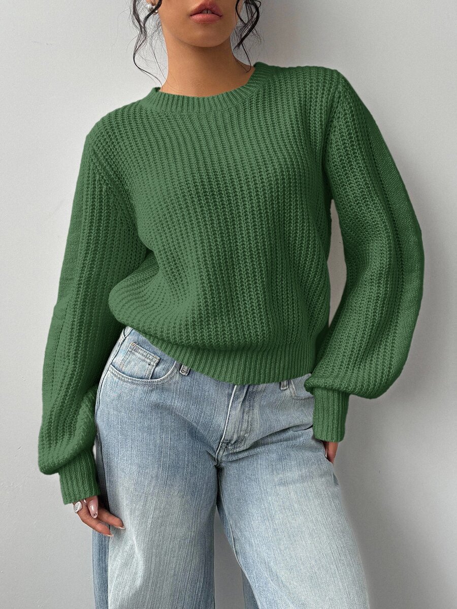 SHEIN BASICS كنزة صوفية محبوكة نسائية كاجوال بلون موحد وياقة دائرية وأكمام طويلة ملابس شتوية - أخضر - مشاهدة 1