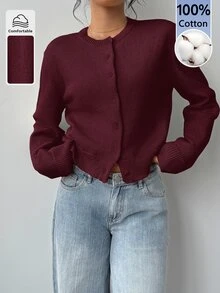 SHEIN BASICS 女款素色長袖單排扣休閒針織開襟衫 - 酒紅色 - 查看 4