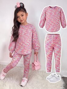 SHEIN 女童紮染圓領長袖T恤與長褲休閒套裝 - 彩色 - 查看 1