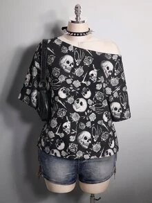 SHEIN ICON 大尺碼女款全印花不對稱肩休閒百搭日常T恤 - 彩色 - 查看 6