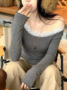 DAZY Women's Lace Patchwork Asymmetric Shoulder Striped Casual Daily Long Sleeve T-Shirt Fall - Grey - View 1