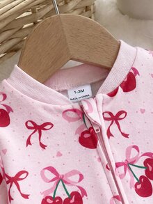 SHEIN 新生女嬰可愛針織粉色蝴蝶結圖案連身衣居家服 - 彩色 - 查看 3