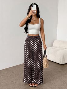 SHEIN PETITE 女款黑色波點印花低腰抽繩綁帶直筒寬腿褲 - 棕色 - 查看 5