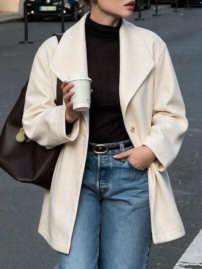 Easura Cream Classic Lapel Single-Button Wool Coat, Minimalist Office Plus Size Outerwear, Suitable For Work, Evening Parties And Autumn Daily Commute