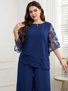 Reflora Plus Size Fashion Asymmetrical Hem Top And Loose Long Pants 2 Pieces Set - Navy Blue - View 7