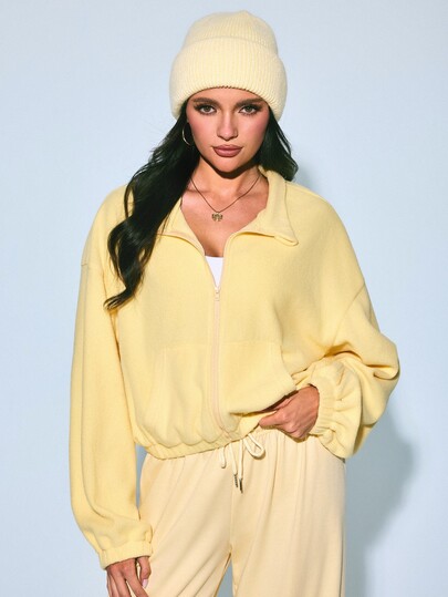 SHEIN Sovereign Charm Women's Autumn/Winter Sports Jacket, Macaron Yellow Lamb Fleece Fabric, Colorblock Full Zip, Long Sleeve, Front Pockets, Loose Fit, Fashionable Versatile, Suitable For Daily Casual, Running, Yoga, Gym, Tennis, Golf, Cycling