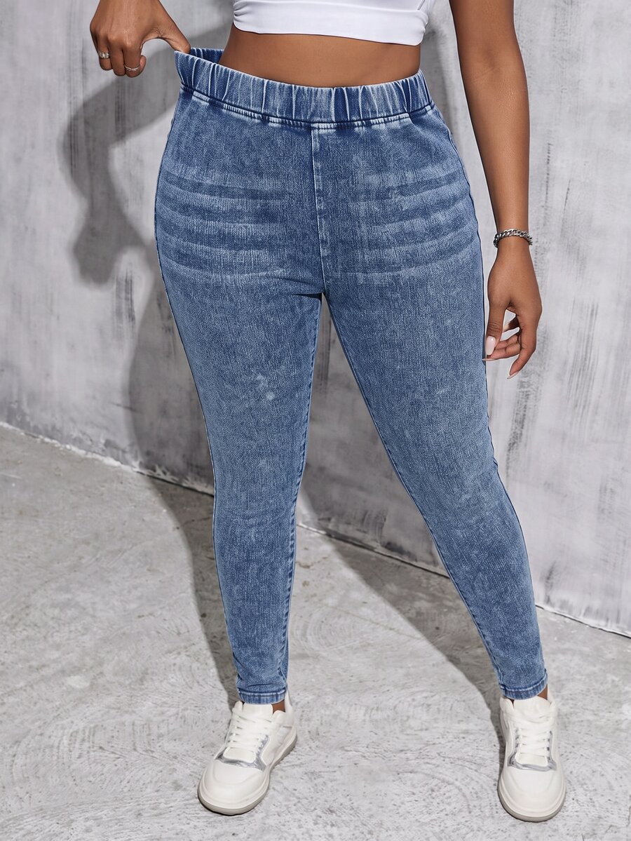 SHEIN MOD Plus Size Women's Elastic Waist Skinny Casual Versatile Denim Jeans - Medium Wash - View 1