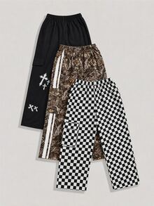 SHEIN Tween Boy Cross Camo Kids Checkerboard Print Casual Loose Pants 3pcs  Pieces Set - Multicolor - View 3