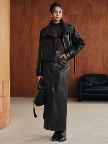 Anewsta Women's Fashion Long Leather Trench Coat With Raglan Long Sleeves, Stand Collar And Cinched Waist - Black - View 5