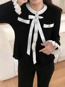 DAZY 女款拼色休閒百搭日常外出開襟衫 秋季 - 黑色 - 查看 2
