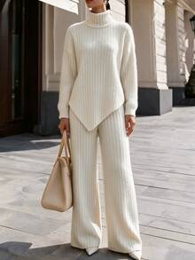SHEIN Cream Turtleneck Knit 2Pcs Casual Commute Outfit - Apricot - View 3