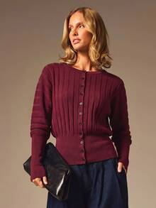 COSMINA Women's Elegant Ribbed Texture Blue Knit Sweater - Burgundy - View 5