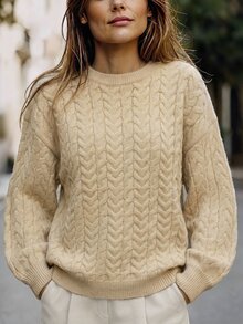 valorelle valorelle Women's New Autumn/Winter Textured Knit Pullover Sweater, Cable Knit Round Neck Drop Shoulder Loose Lantern Long Sleeve Ribbed Hem Top - Apricot - View 5