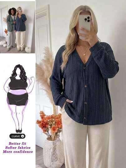 SHEIN CURVE+ プラスサイズ レディース グレー 秋 ルーズ カジュアル ハイキング リブニット カーディガン、無地 シングルブレスト Vネック セーター、秋/冬 カジュアル Tシャツ