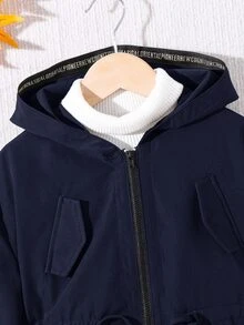 SHEIN 少女職業日返校中長版連帽派克大衣，秋冬休閒字母裝飾織帶口袋外套，戶外穿搭風 - 藍色 - 查看 7