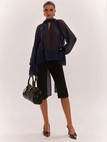 SHEIN BAE 女款優雅網紗喇叭袖上衣 - 藏蓝色 - 查看 4