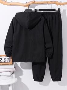 SHEIN 2件組兒童小男孩休閒日常百搭舒適拼接連帽半拉鍊套頭寬鬆長袖外套與寬鬆收口長褲梭織兩件套，適合學校、花園、海灘、生日，春/夏季 - 彩色 - 查看 3