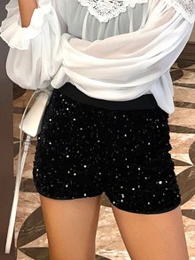 DAZY Women's Solid Color Sequin Fashion Shorts Fall - Black - View 6
