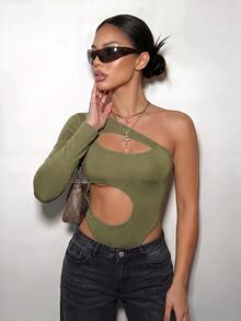 SHEIN ICON 春夏女款黑色哥德風頹廢風性感純色不對稱剪裁緊身連身衣 - 軍綠色 - 查看 5