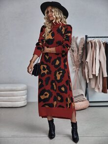 Elafinee 女款休閒豹紋高領針織洋裝，秋冬款 - 彩色 - 查看 5