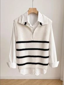 SHEIN Franclia Cream & Black Striped Half-Zip Stand Collar Knit Vest, Loose Soft Layering Slimming Commuter Old Money Style Sleeveless Tank Top, Spring/Autumn - Apricot - View 3
