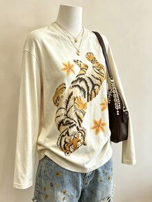Lalippa Women's Tiger Print Round Neck Long Sleeve Casual T-Shirt - Apricot - View 3