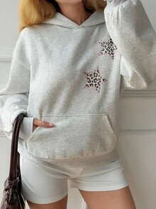 Livesso Sweatshirt Berkerudung Lengan Panjang Bordir Motif Leopard untuk Wanita, Cocok untuk Liburan Musim Gugur - Grey - View 5