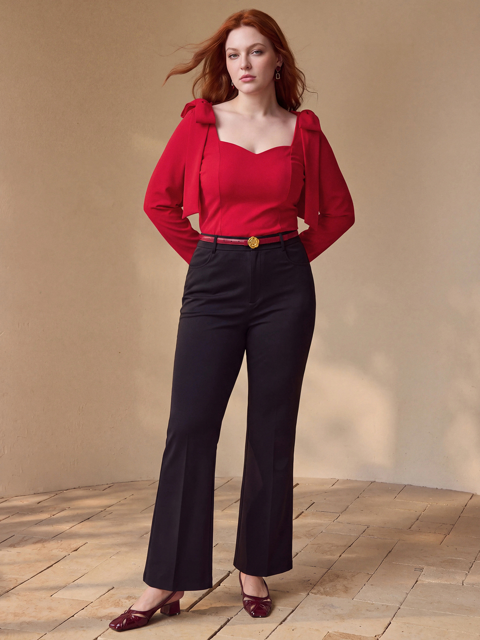 MOTF PLUS SIZE WOMEN'S BOWKNOT DECOR SWEETHEART NECKLINE TOP