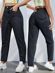 SHEIN PETITE Women's High Waist Pocket Casual Versatile Denim Long Pants - Black - View 8