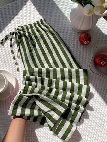 SHEIN EZwear 深綠色與白色條紋大尺碼女款繫腰寬腿長褲 - 軍綠色 - 查看 7