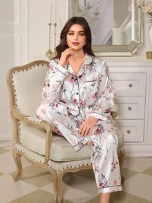 MuseNap CURVE طقم بيجامة بنطال بأكمام طويلة وياقة من الحرير الصناعي بنقشة زهور صغيرة للمقاسات الكبيرة - أبيض - مشاهدة 5