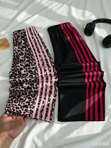 SHEIN 小女孩與媽媽母女款休閒百搭通勤日常穿著復古美式運動風豹紋白色對比色蝴蝶結緞帶鬆身長直筒褲，度假、夏季、旅行 - 彩色 - 查看 1